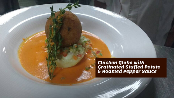 Chicken Globe with Gratinated Stuffed Potato & Roasted Pepper Sauce